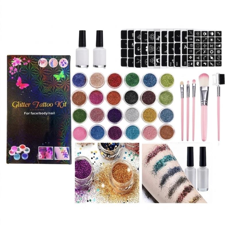 Kids Glitter Tattoo Kit 24 Colors 120 Stencils